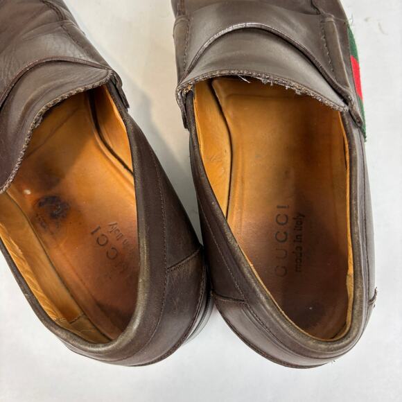 Gucci Brown Leather Web Slip On Loafers Men's 9 - Picture 10 of 15